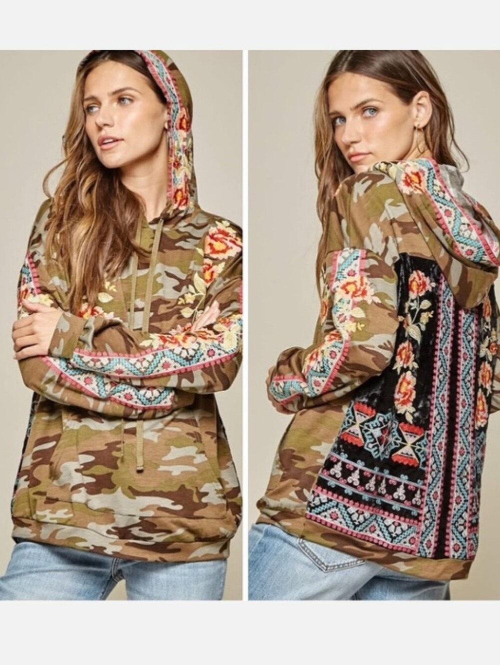 Savanna Jane Gypsy Soul Mixed Media Camp Floral Velvet Hoodie Womens Size S